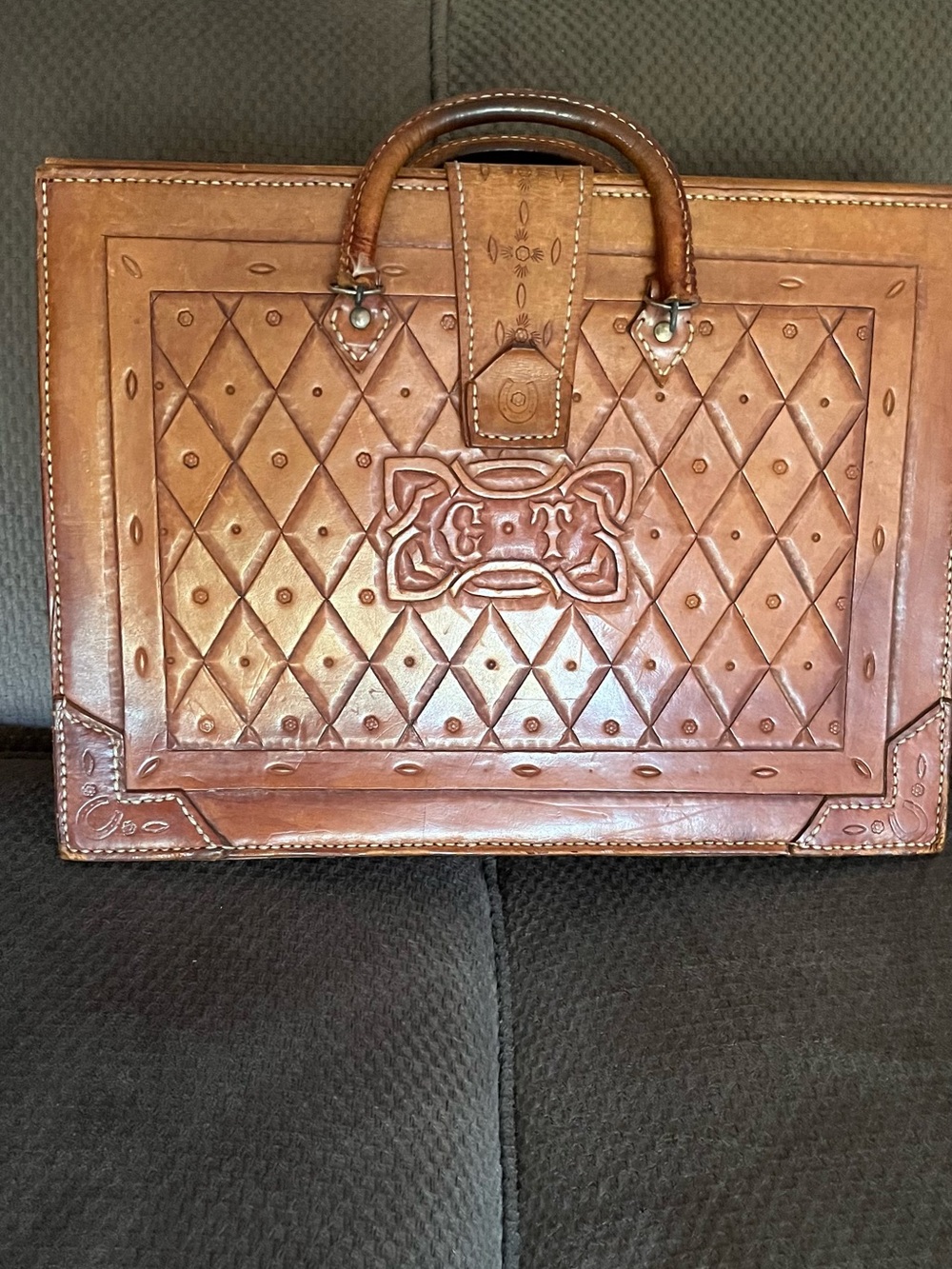 Artisan Quilted Brown Leather Briefcase with Embossed Panel